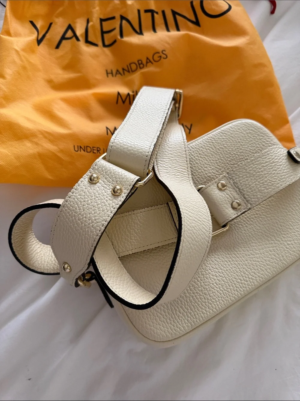 Valentino Cream Pebbled Leather Crossbody with Pearl V Logo - Authentic